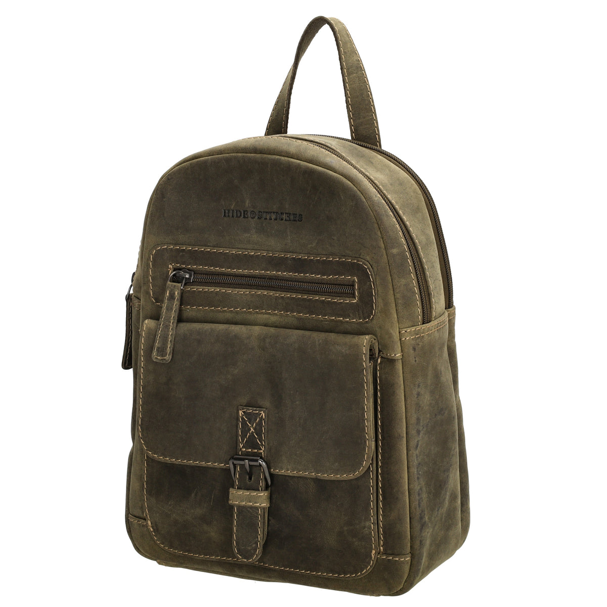Lederrucksack 20,5 x 28,5cm in Oliv mit Reißverschluss und Vortasche - leder-accessoires.com