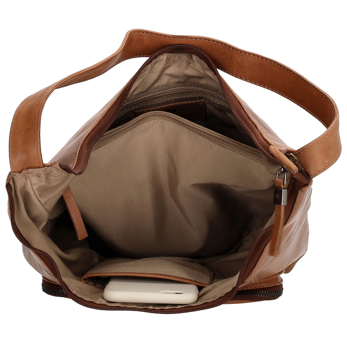 Schultertasche in Cognac 26 x 28cm mit Reißverschluss aus Leder - leder-accessoires.com