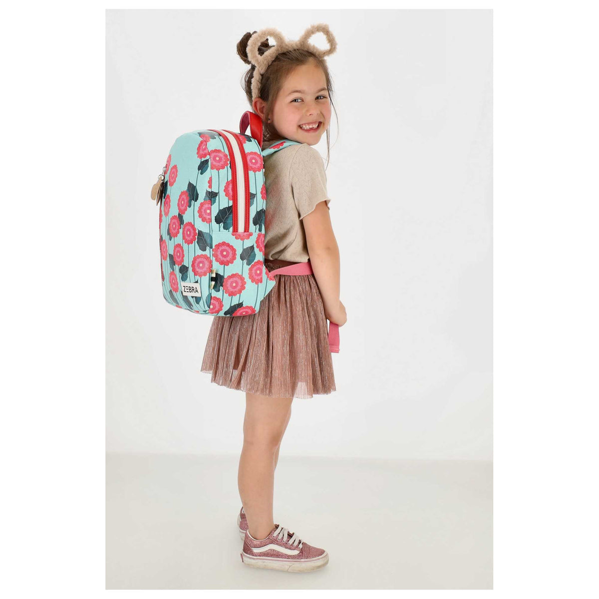 Kinderrucksack 25x35cm mit Blumenmuster in Türkis - leder-accessoires.com