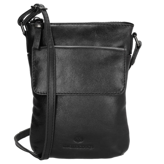 Umhängetasche| Mini Bag 16,5 x 22cm in Schwarz aus Leder mit Vortasche - leder-accessoires.com