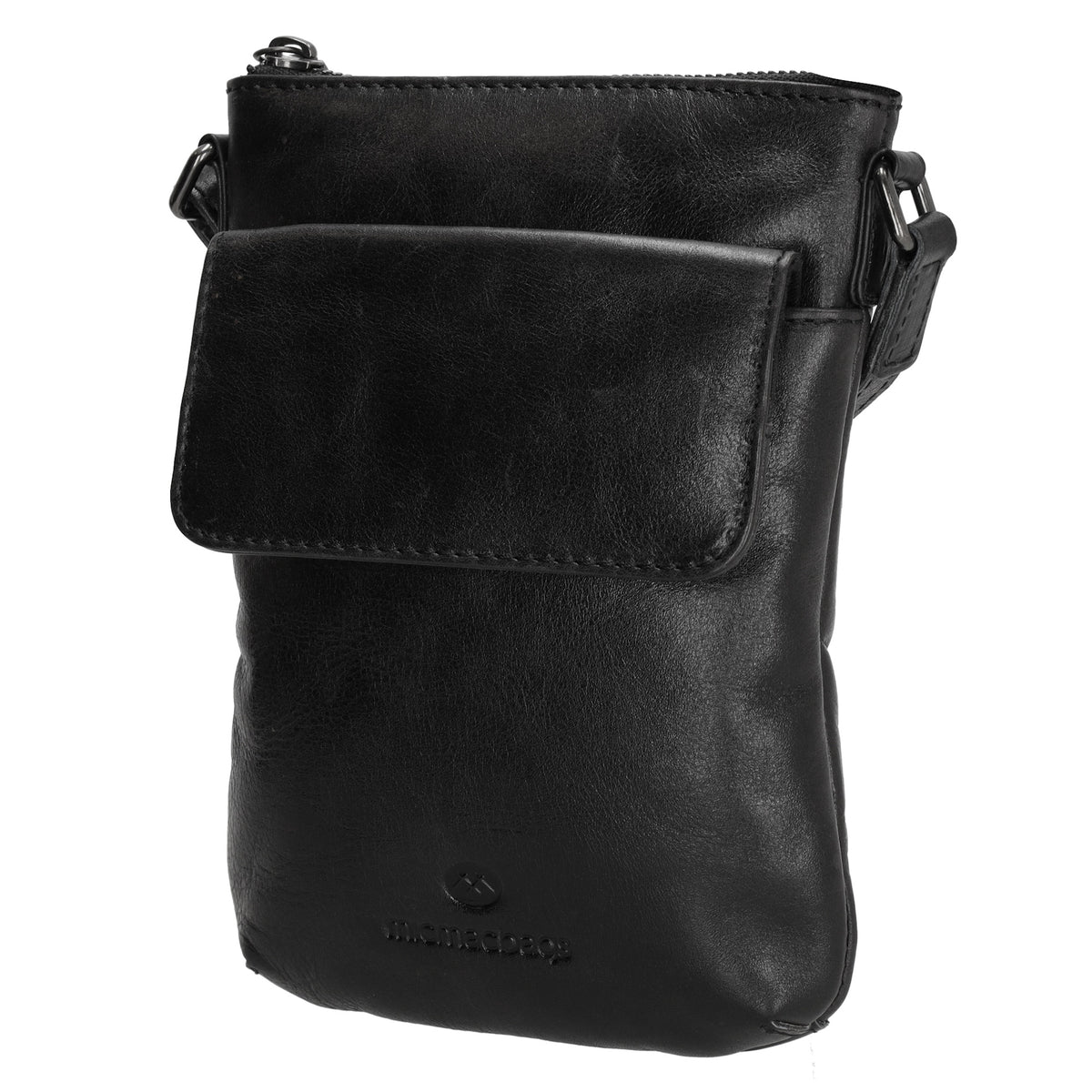 Umhängetasche| Mini Bag 16,5 x 22cm in Schwarz aus Leder mit Vortasche - leder-accessoires.com