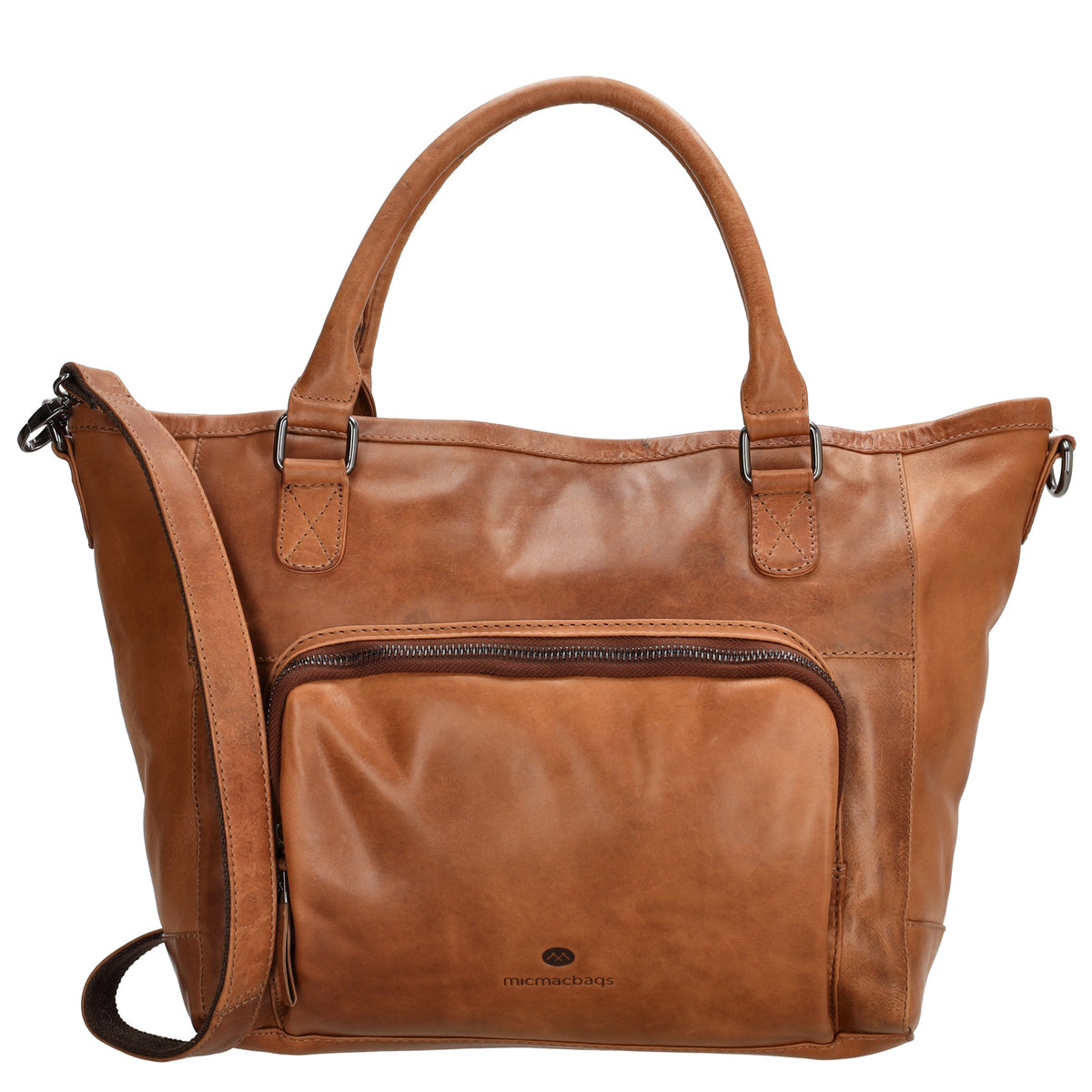 Schultertasche 31 x 29cm in Cognac aus Leder mit Reißverschluss - leder-accessoires.com
