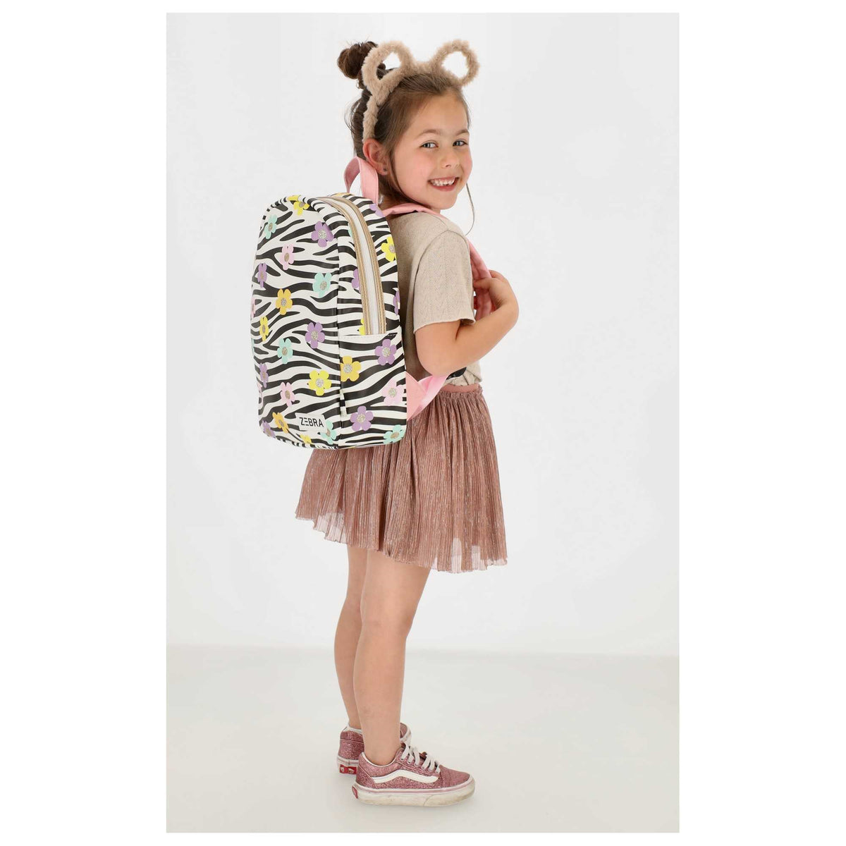 Kinderrucksack 25x35cm mit Zebra-Muster und Blumen in Schwarz| Weiß - leder-accessoires.com