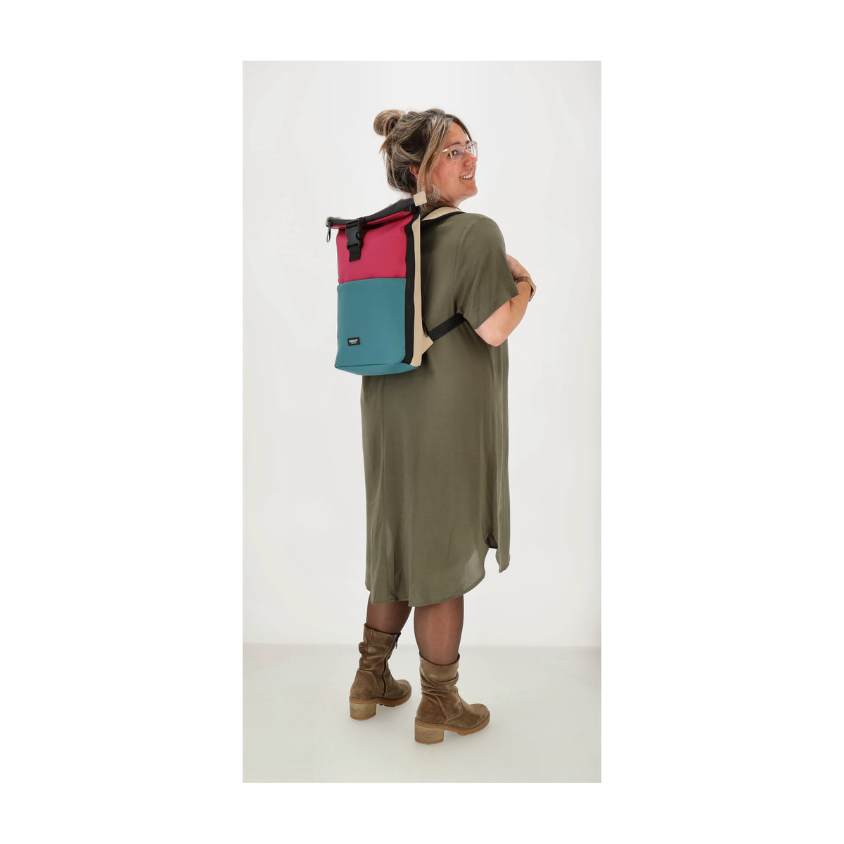 Rolltoprucksack 42x28x10cm in Pink|Petrol Multicolor mit Klickverschluss - leder-accessoires.com