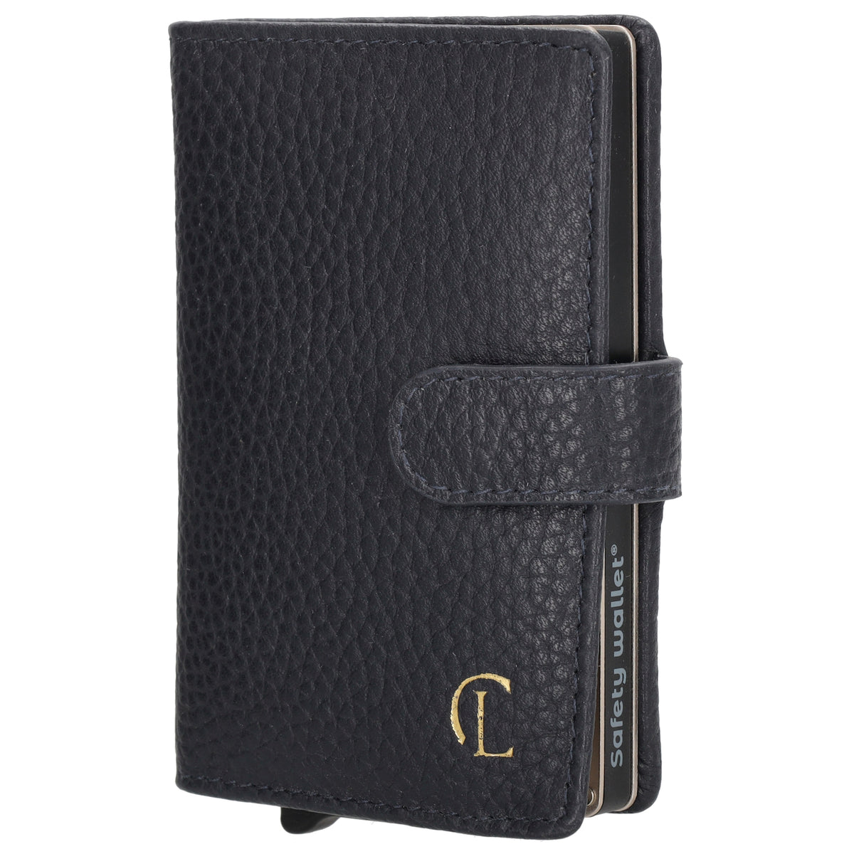 Kartenetui| Safty Wallet 7x10cm in Dunkelblau mit Druckknopf - leder-accessoires.com