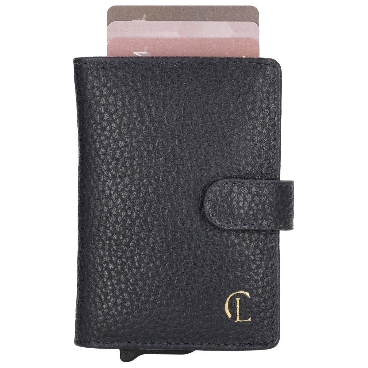 Kartenetui| Safty Wallet 7x10cm in Dunkelblau mit Druckknopf - leder-accessoires.com