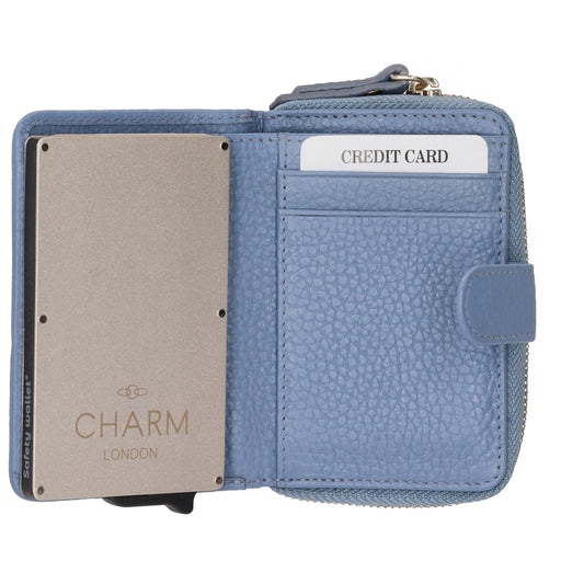 Kartenetui| Safty Wallet 11x7cm in Hellblau und Rundumreißverschluss - leder-accessoires.com