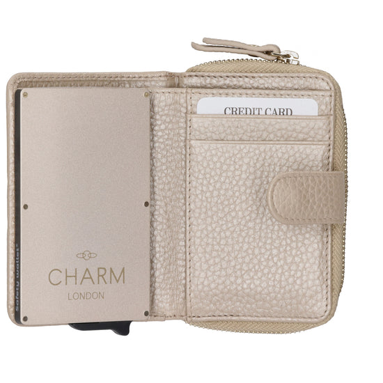 Kartenetui| Safty Wallet 11x7cm in Champagner und Rundumreißverschluss - leder-accessoires.com