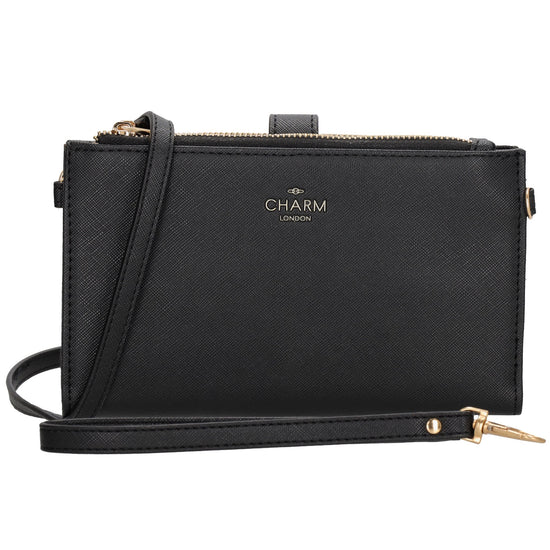 Börse|Handytasche 12x18,5cm in Schwarz mit Umhängeriemen - leder-accessoires.com