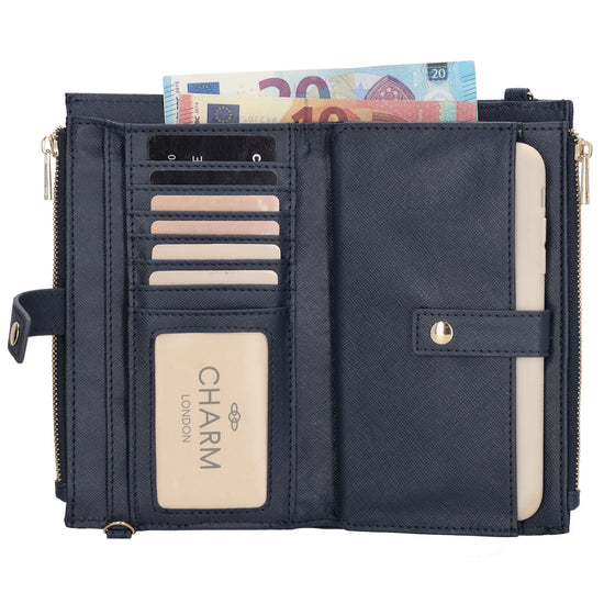 Börse|Handytasche 12x18,5cm in Blau mit Umhängeriemen - leder-accessoires.com