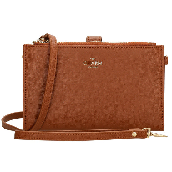 Börse|Handytasche 12x18,5cm in Cognac mit Umhängeriemen - leder-accessoires.com