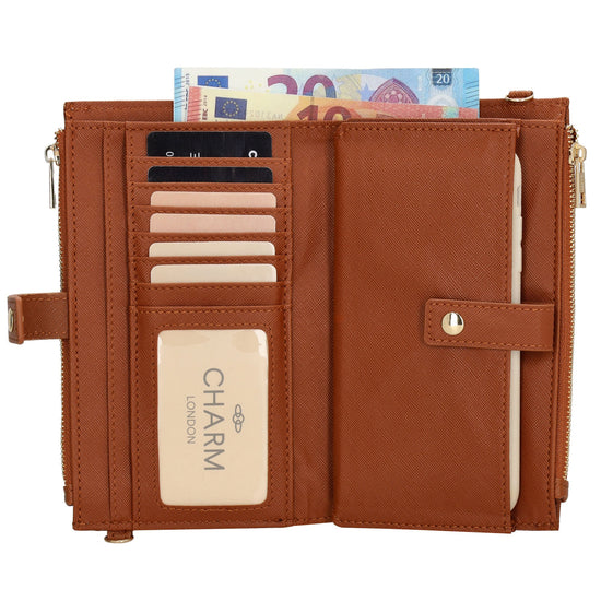 Börse|Handytasche 12x18,5cm in Cognac mit Umhängeriemen - leder-accessoires.com