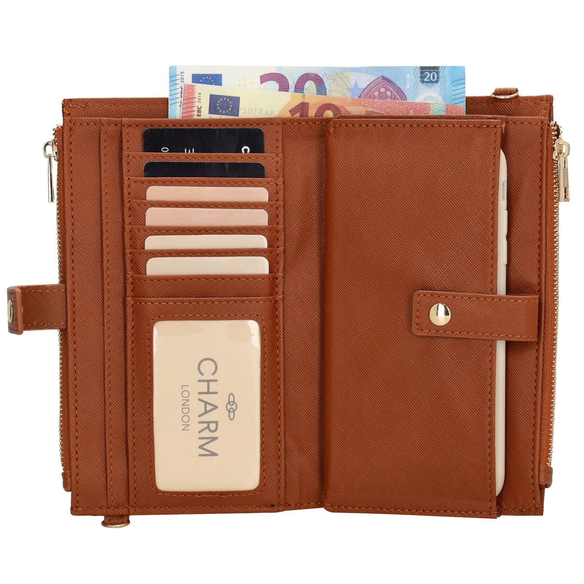 Börse|Handytasche 12x18,5cm in Cognac mit Umhängeriemen - leder-accessoires.com