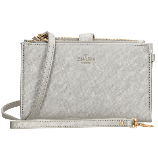 Börse|Handytasche 12x18,5cm in Silber mit Umhängeriemen - leder-accessoires.com