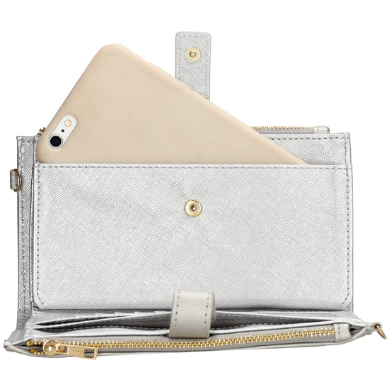 Börse|Handytasche 12x18,5cm in Silber mit Umhängeriemen - leder-accessoires.com