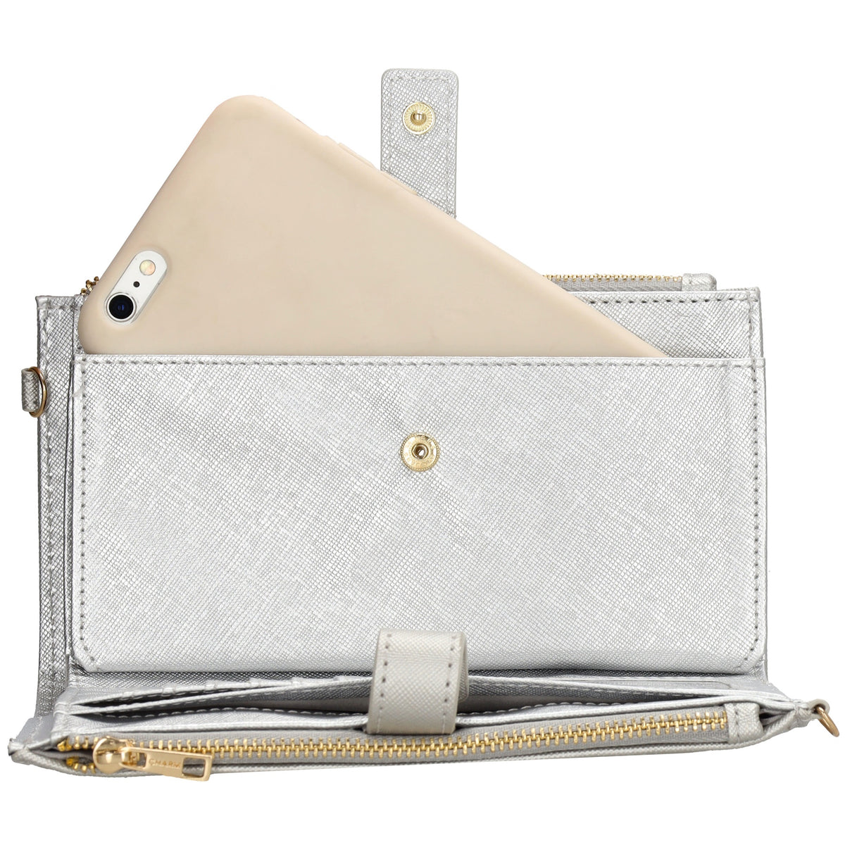 Börse|Handytasche 12x18,5cm in Silber mit Umhängeriemen - leder-accessoires.com