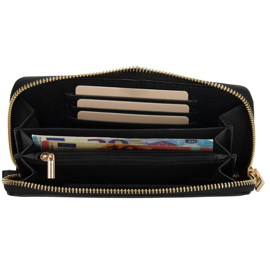 Börse 10x18cm in Schwarz mit Rundumreißverschluss und Handschlaufe - leder-accessoires.com