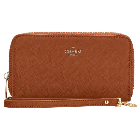 Börse 10x18cm in Cognac mit Rundumreißverschluss und Handschlaufe - leder-accessoires.com
