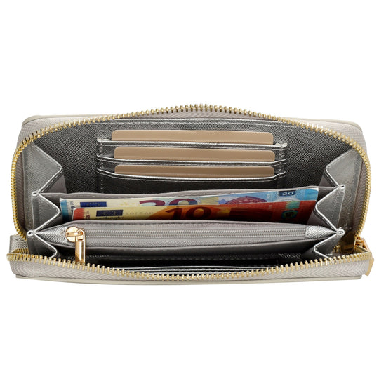 Börse 10x18cm in Silber mit Rundumreißverschluss und Handschlaufe - leder-accessoires.com