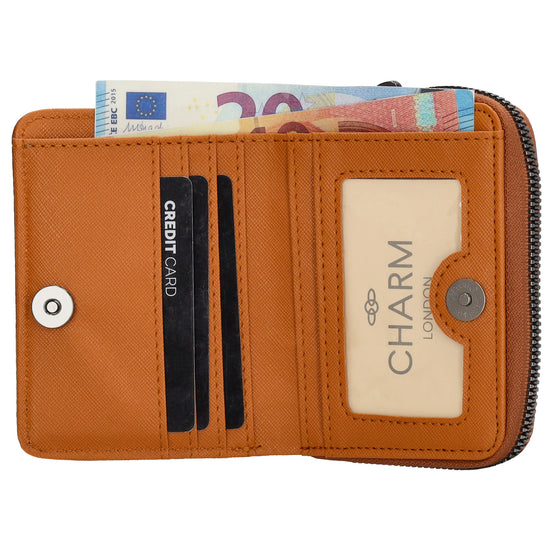 Damenbörse 12x9cm im Querformat in Cognac mit Druckknopf - leder-accessoires.com