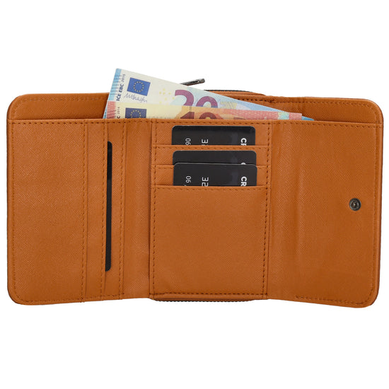 Damenbörse 13,5x9,5cm im Querformat in Cognac mit Druckknopf - leder-accessoires.com