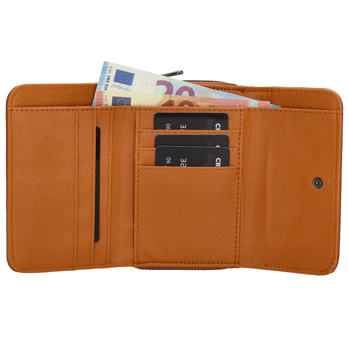 Damenbörse 13,5x9,5cm im Querformat in Cognac mit Druckknopf - leder-accessoires.com
