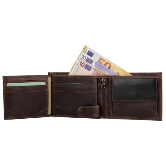 Geldbörse Querformat 12,5 x 10cm in Dunkelbraun mit Riegel - leder-accessoires.com