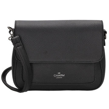 Schultertasche 26x18cm Schwarz mit Reißverschluss und Überschlag - leder-accessoires.com