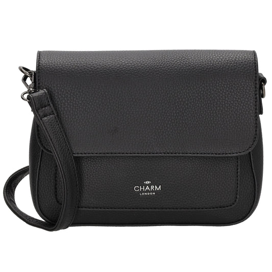 Schultertasche 26x18cm Schwarz mit Reißverschluss und Überschlag - leder-accessoires.com