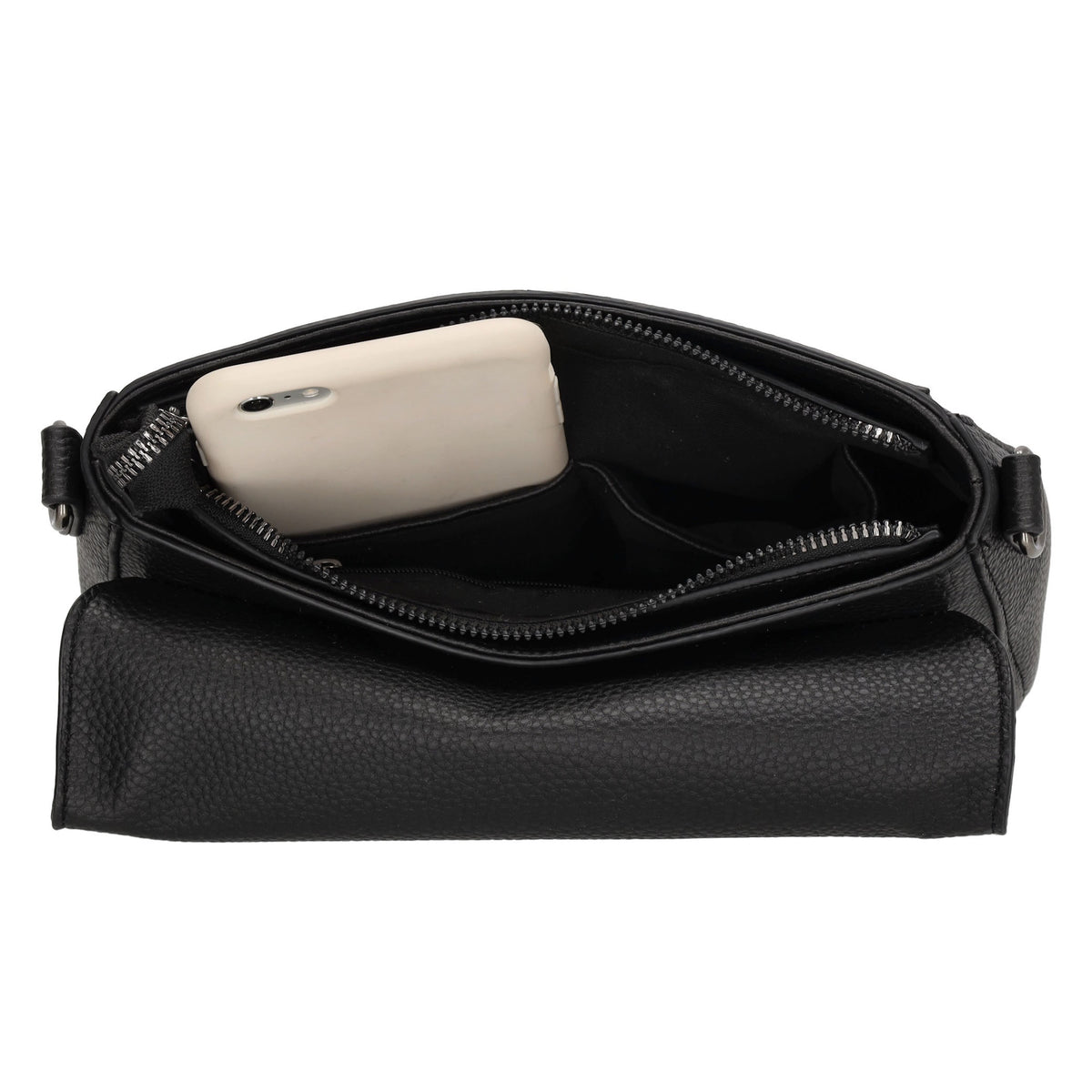 Schultertasche 26x18cm Schwarz mit Reißverschluss und Überschlag - leder-accessoires.com