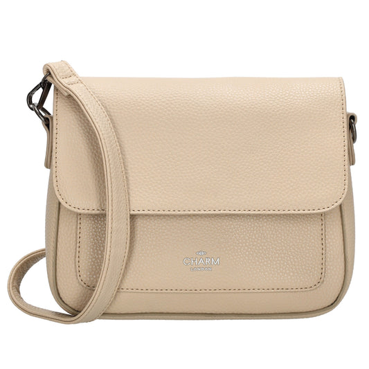 Schultertasche 26x18cm Taupe mit Reißverschluss und Überschlag - leder-accessoires.com
