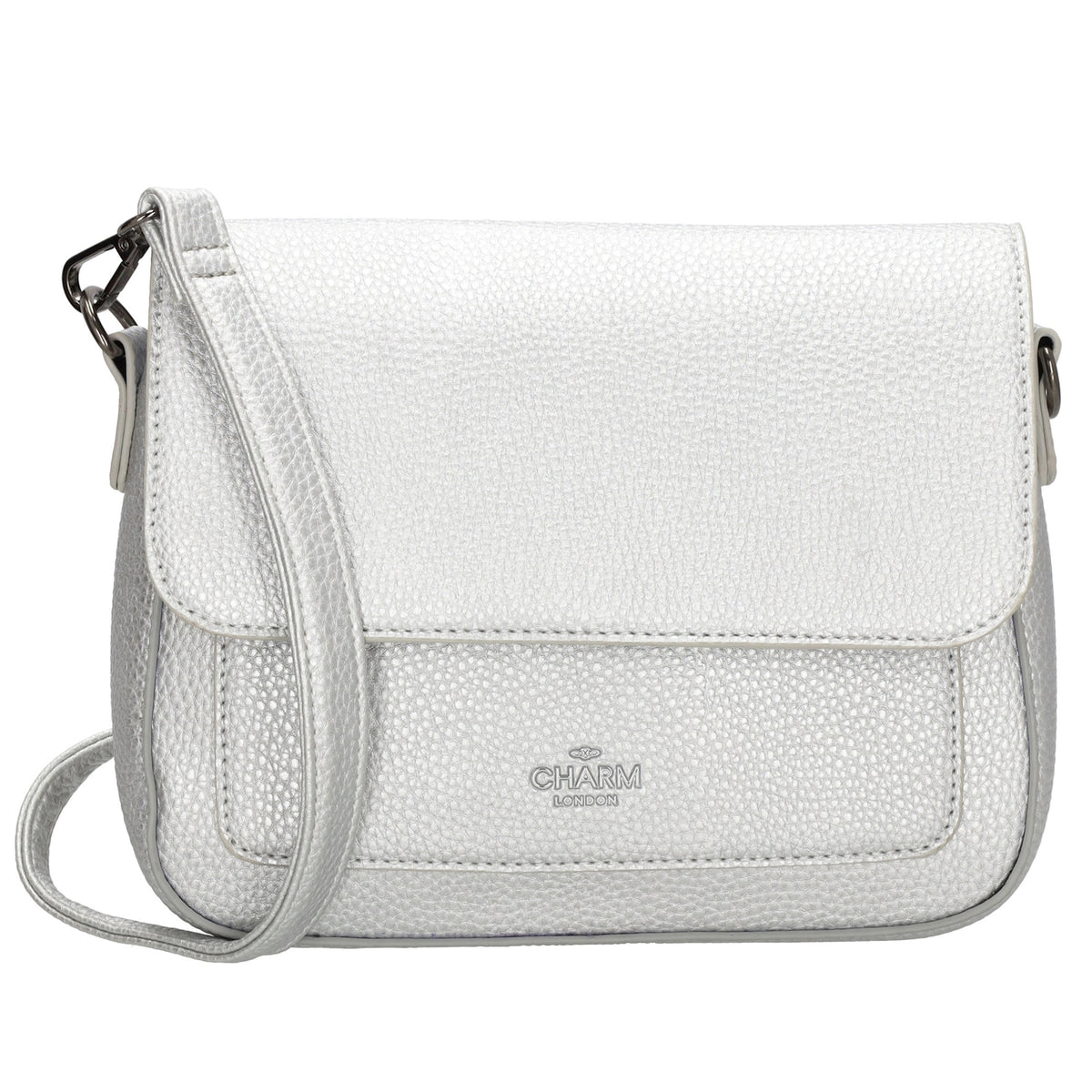 Schultertasche 26x18cm Silber mit Reißverschluss und Überschlag - leder-accessoires.com