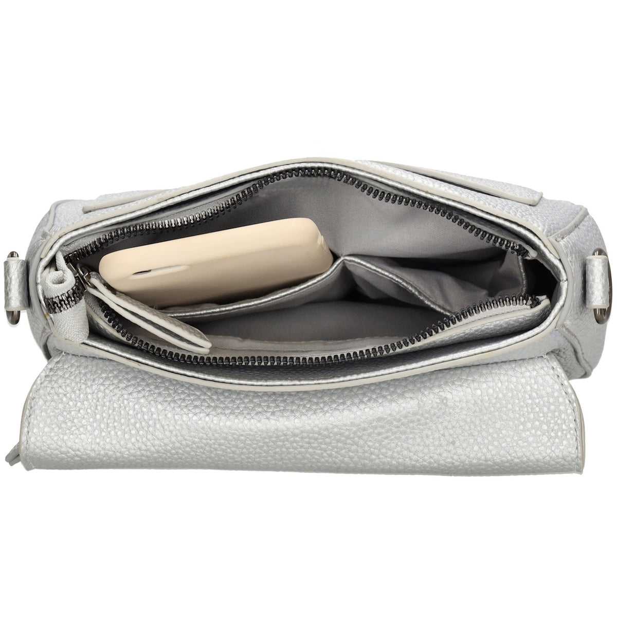 Schultertasche 26x18cm Silber mit Reißverschluss und Überschlag - leder-accessoires.com