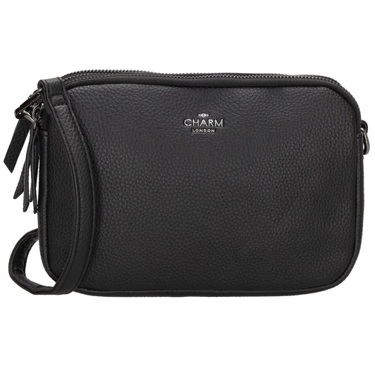 Schultertasche 21x14cm in Schwarz mit drei Hauptfächern und Reißverschluss - leder-accessoires.com