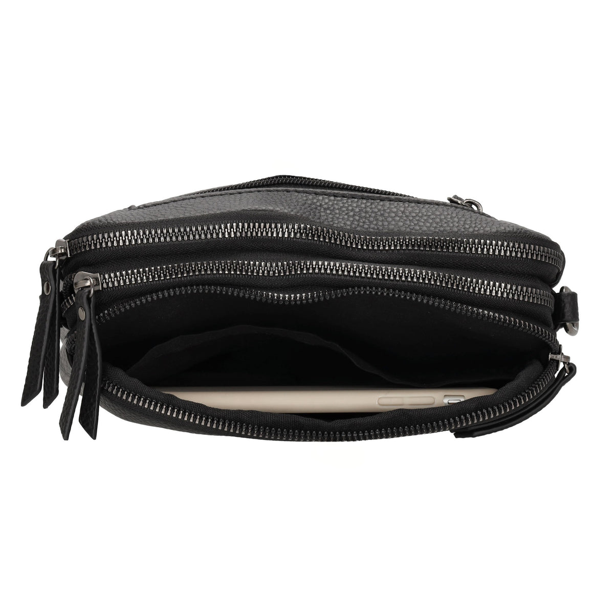 Schultertasche 21x14cm in Schwarz mit drei Hauptfächern und Reißverschluss - leder-accessoires.com