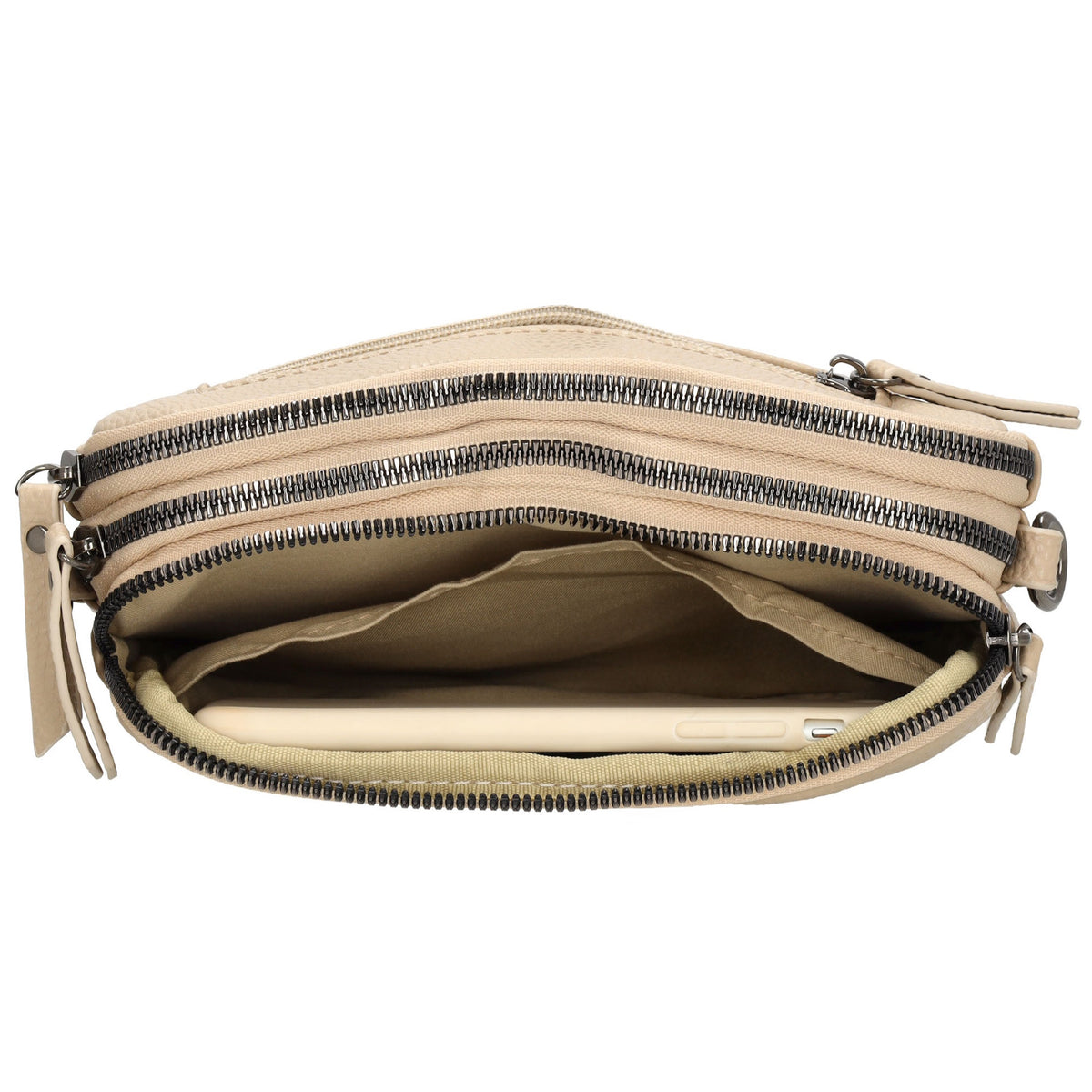 Schultertasche 21x14cm in Taupe mit drei Hauptfächern und Reißverschluss - leder-accessoires.com