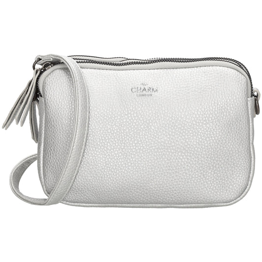 Schultertasche 21x14cm in Silber mit drei Hauptfächern und Reißverschluss - leder-accessoires.com