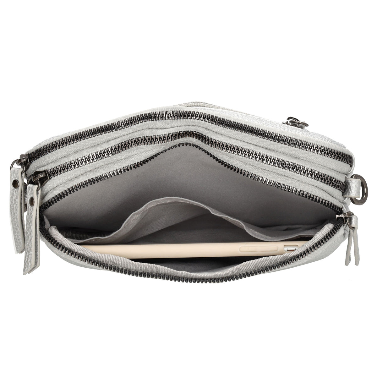 Schultertasche 21x14cm in Silber mit drei Hauptfächern und Reißverschluss - leder-accessoires.com