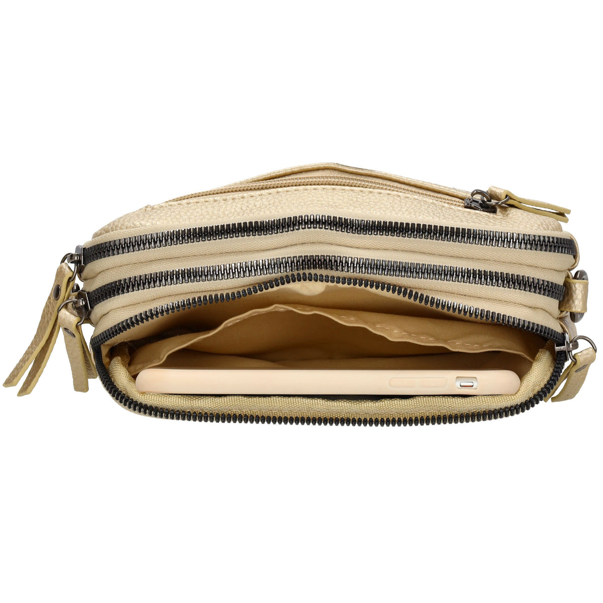 Schultertasche 21x14cm in Gold mit drei Hauptfächern und Reißverschluss - leder-accessoires.com