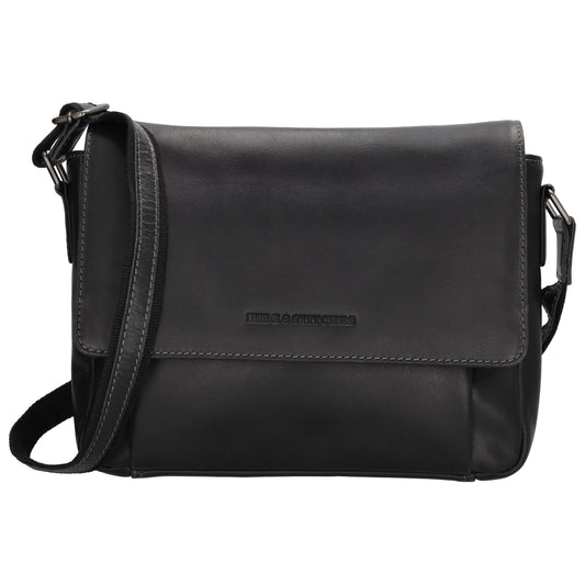 Schultertasche 28x19cm in Schwarz aus Leder mit Überschlag - leder-accessoires.com