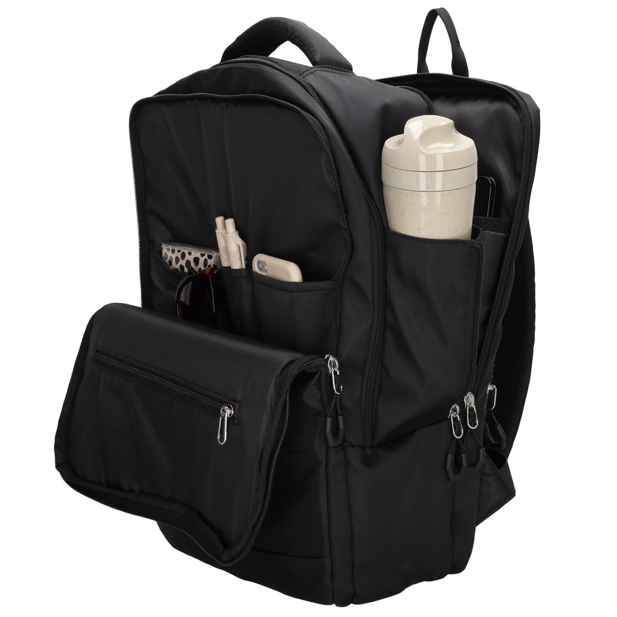 Businessrucksack 42 x 30cm in Schwarz mit Reißverschluss und Aufsteckfunktion Trolley - leder-accessoires.com