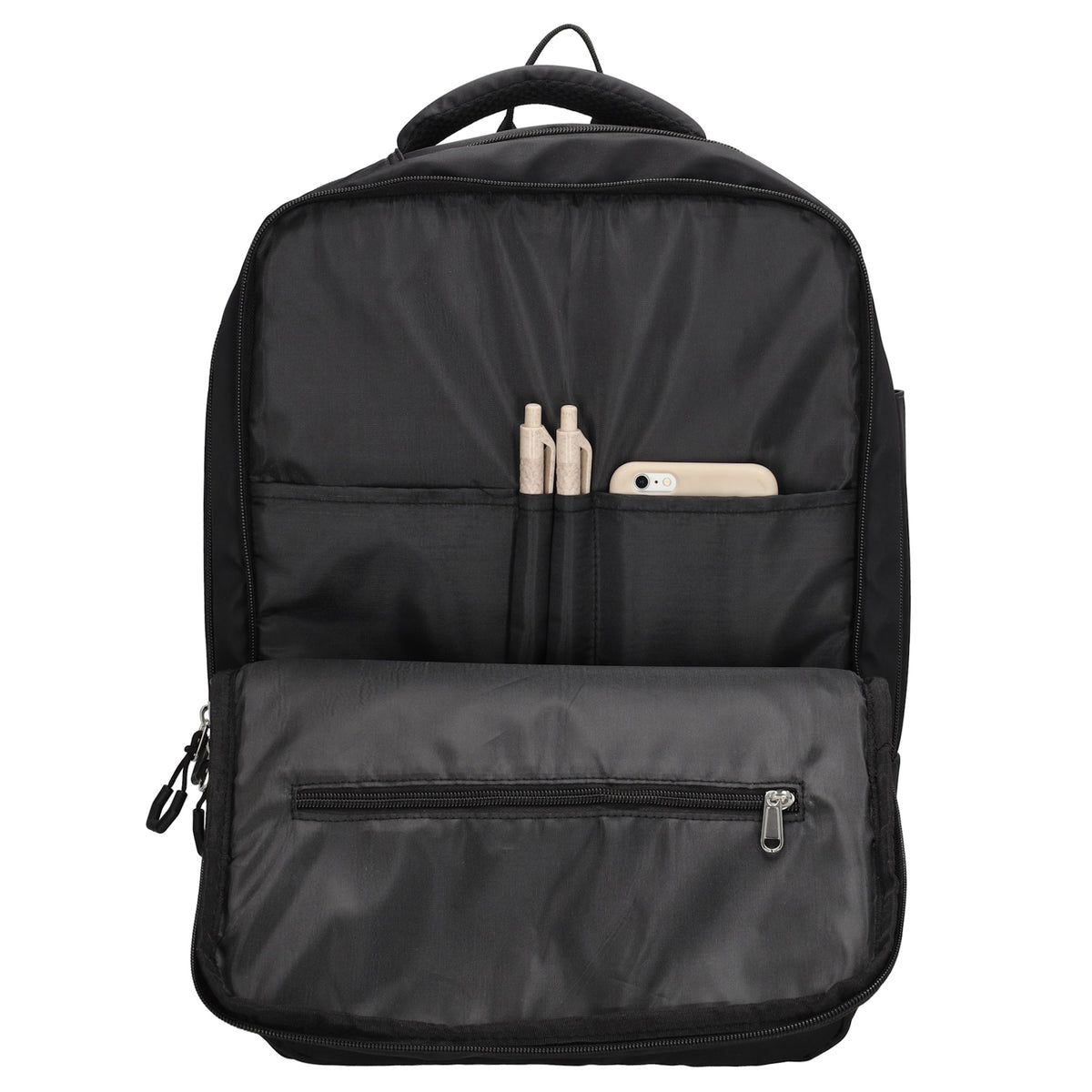 Businessrucksack 42 x 30cm in Schwarz mit Reißverschluss und Aufsteckfunktion Trolley - leder-accessoires.com