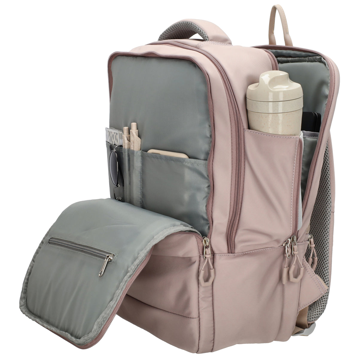 Businessrucksack 42 x 30cm in Taupe mit Reißverschluss und Aufsteckfunktion Trolley - leder-accessoires.com