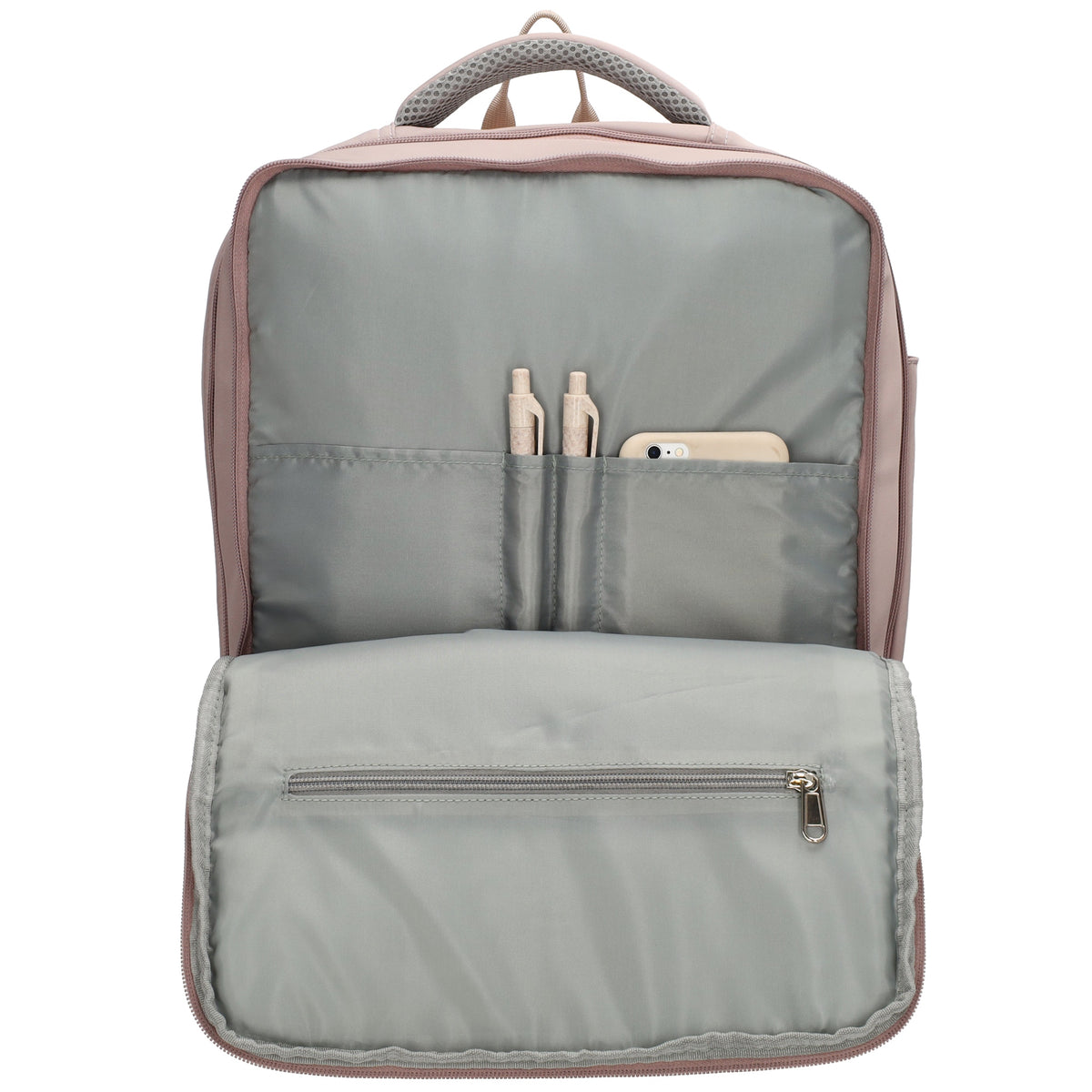 Businessrucksack 42 x 30cm in Taupe mit Reißverschluss und Aufsteckfunktion Trolley - leder-accessoires.com