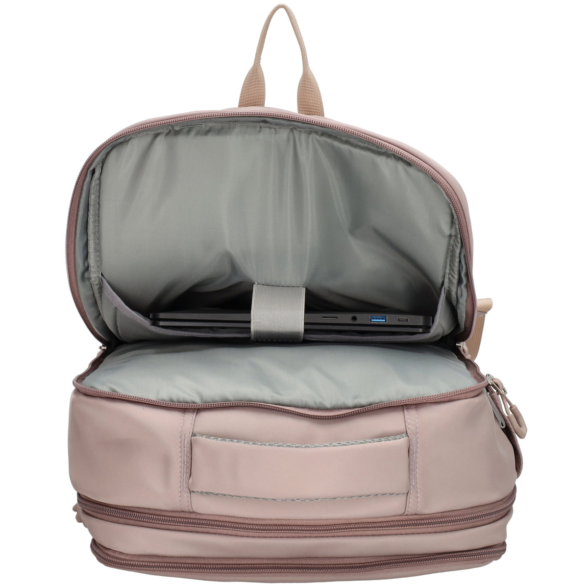 Businessrucksack 42 x 30cm in Taupe mit Reißverschluss und Aufsteckfunktion Trolley - leder-accessoires.com