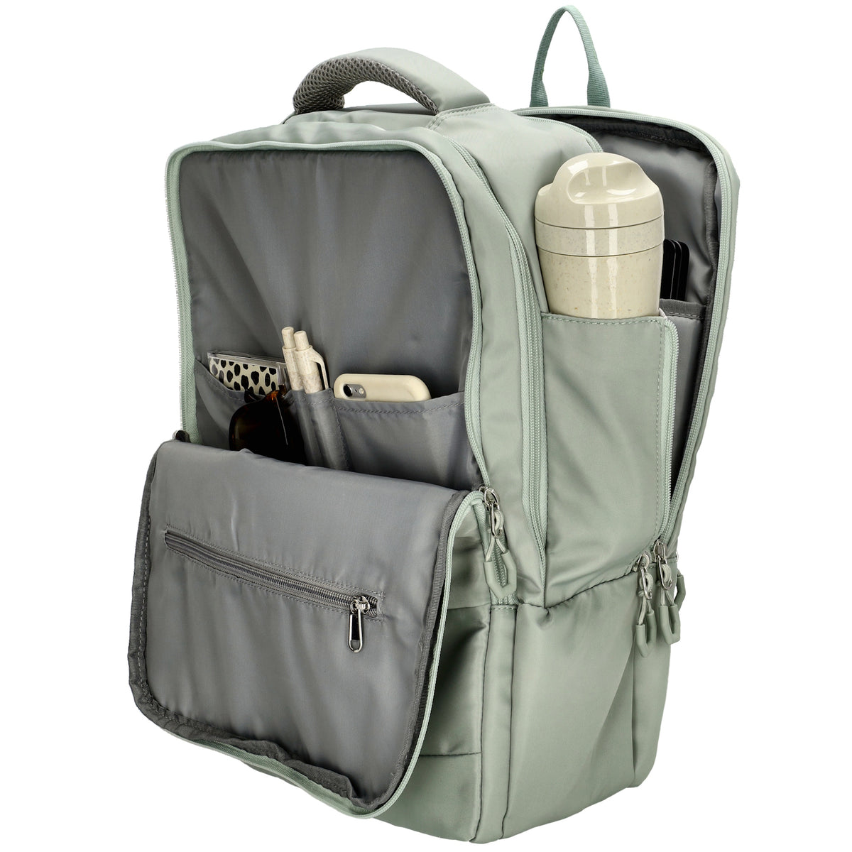 Businessrucksack 42 x 30cm in Hellgrün mit Reißverschluss und Aufsteckfunktion Trolley - leder-accessoires.com