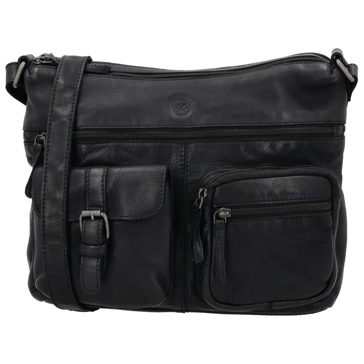 Schultertasche 34x25cm in Schwarz aus Leder mit zwei Vortaschen - leder-accessoires.com