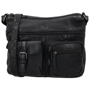 Schultertasche 34x25cm in Schwarz aus Leder mit zwei Vortaschen - leder-accessoires.com