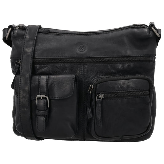Schultertasche 34x25cm in Schwarz aus Leder mit zwei Vortaschen - leder-accessoires.com
