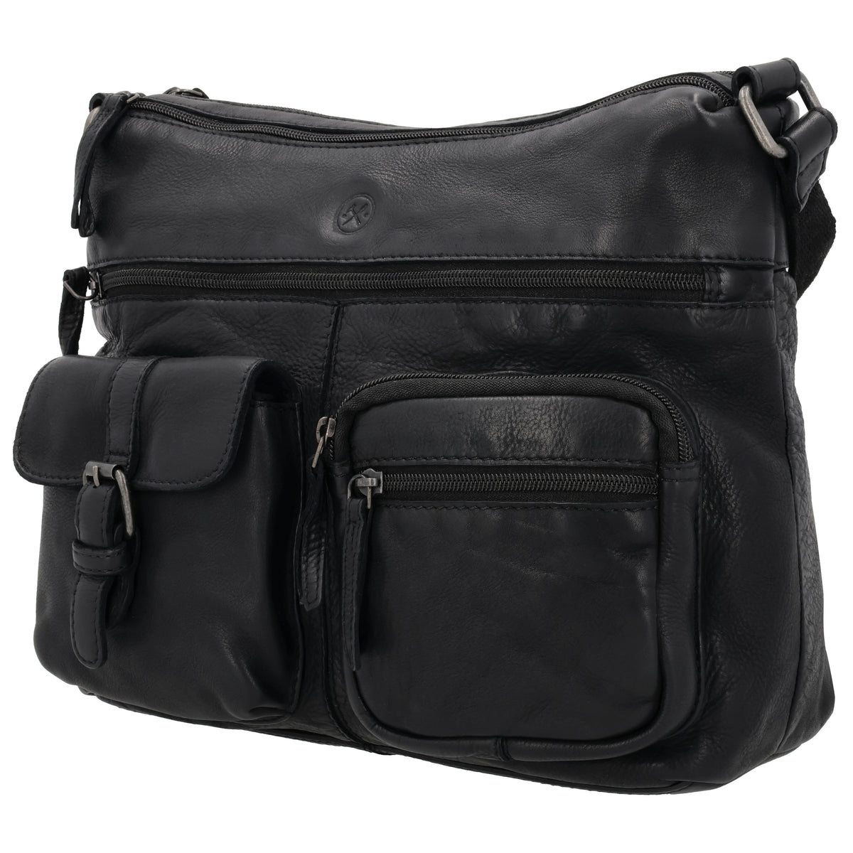 Schultertasche 34x25cm in Schwarz aus Leder mit zwei Vortaschen - leder-accessoires.com